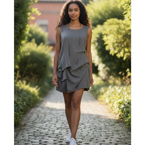 Chalet Sleeveless Gray Linen Tiered Bubble Hem Sundress Size Large - Picture 15 of 15